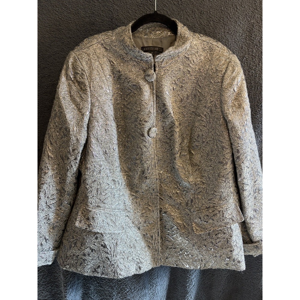 Lafayette 148 Women's Silver Metallic Wool Alpaca Blend Jacket and Skirt Sz 18